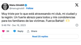 Ginóbili expreso su dolor y envió sus condolencias