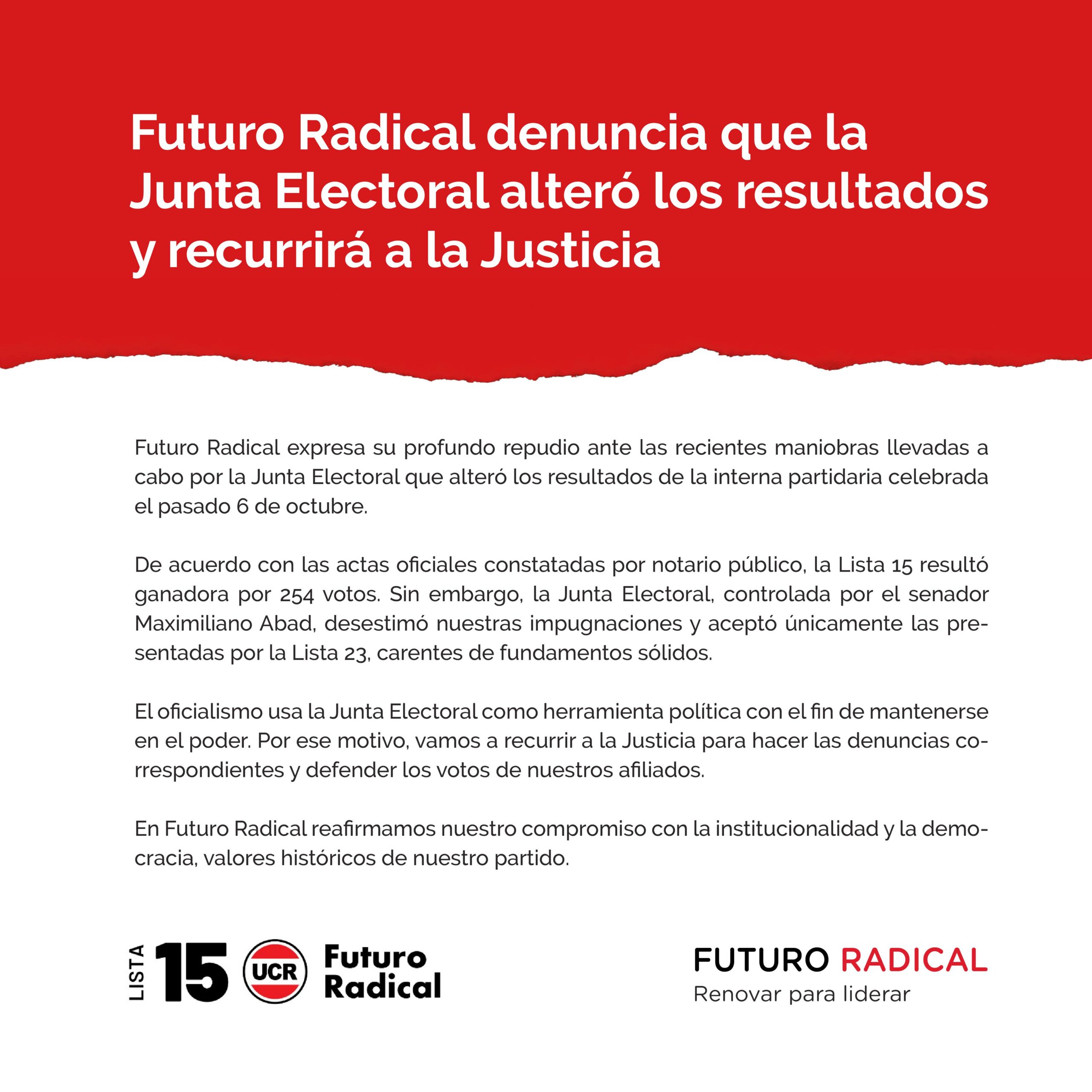 Futuro Radical se adjudica la elección interna por 254 votos: Recurre a la justicia y denuncia irregularidades
