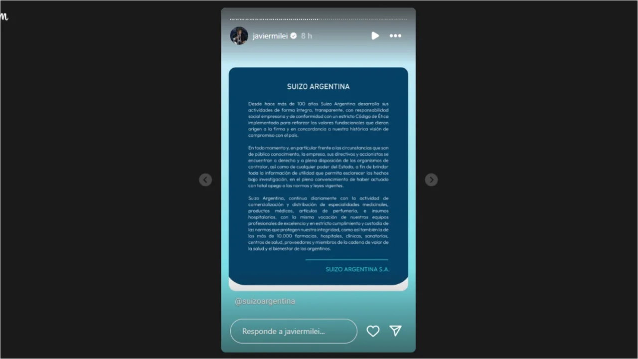 En medio del escándalo, Javier Milei compartió un comunicado de la droguería sospechada por coimas