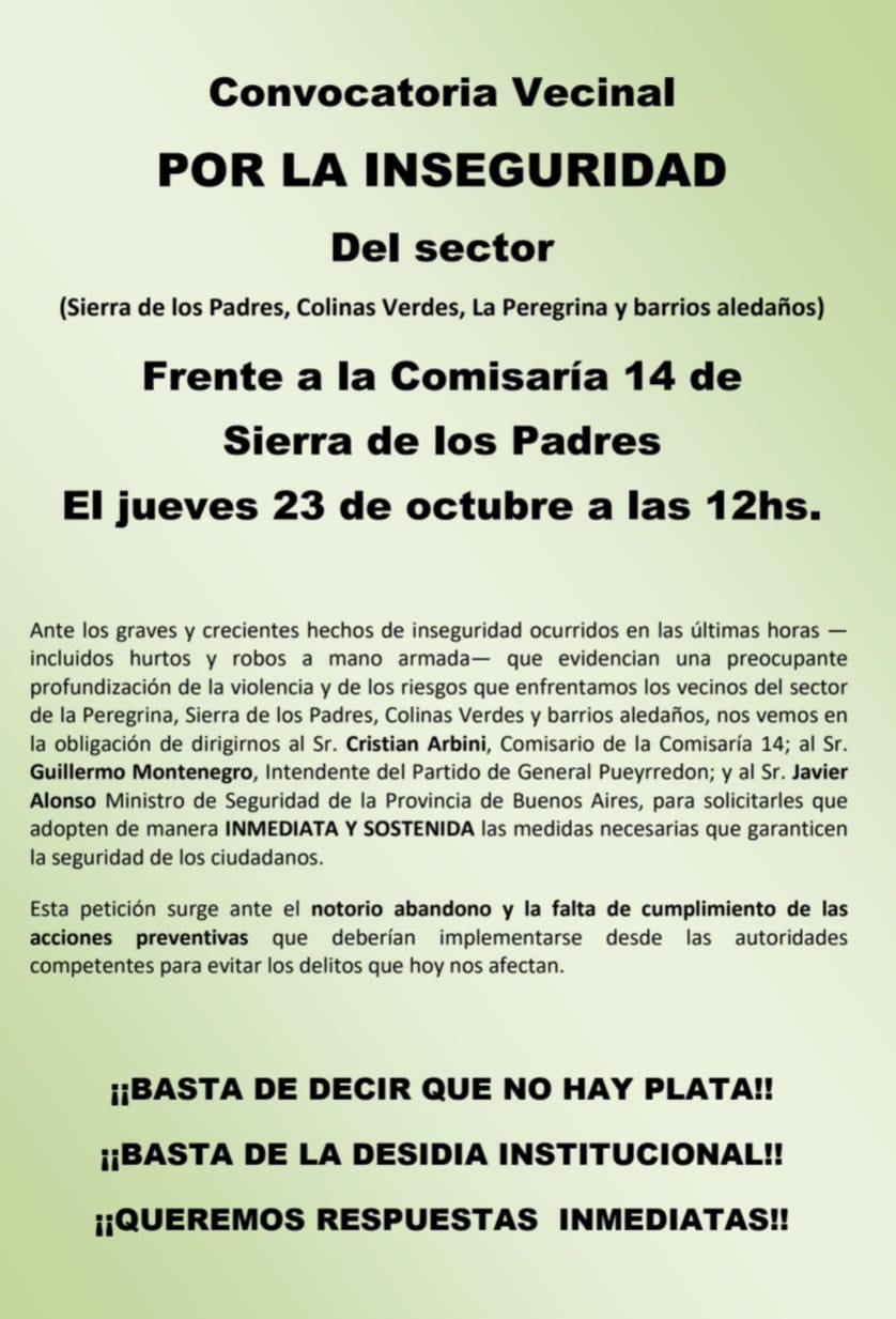 Vecinos se autoconvocan en Sierra de los Padres por la inseguridad: Roban autos a punta de pistola