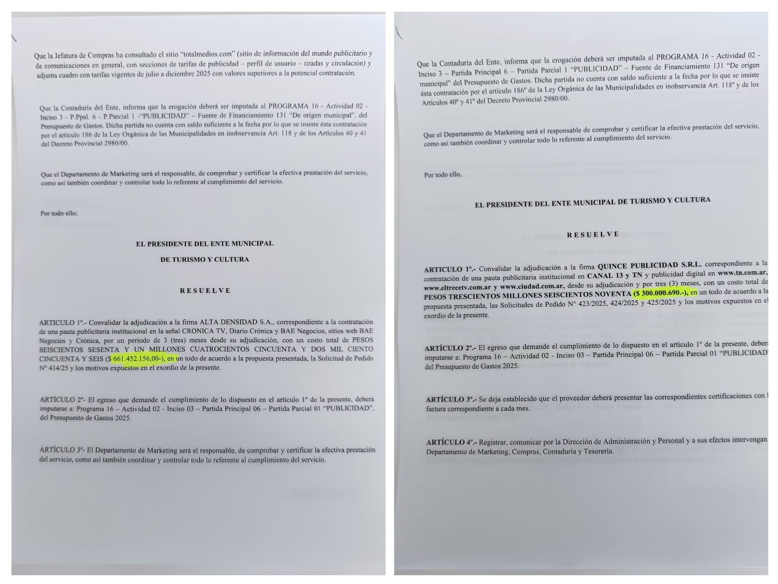 Surge documentación que ampara por insistencia contratos por $ 1.000.000.000.- desde el EMTURYC
