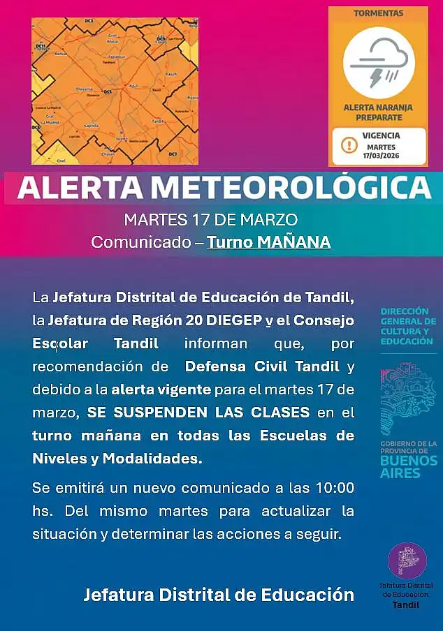 En Tandil también suspendieron las clases en el turno mañana: A las 10.00 emiten nuevo parte
