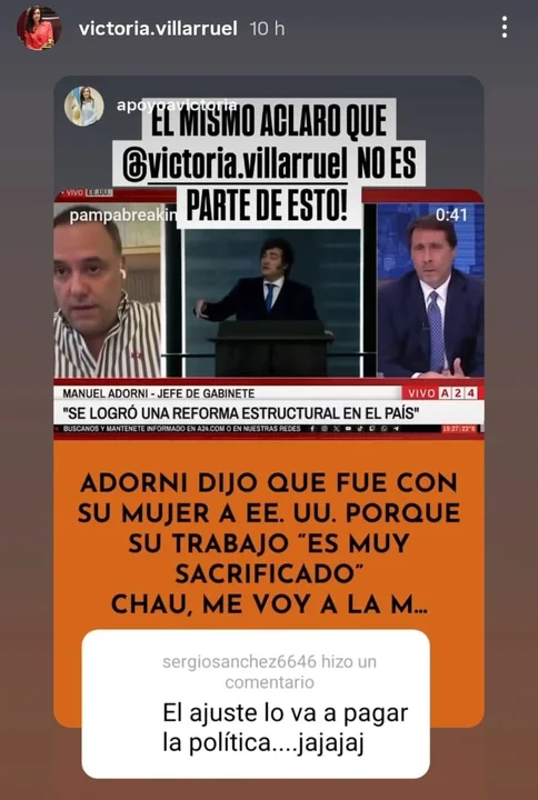 El irónico mensaje de Villarruel contra el Gobierno y el viaje de la esposa de Adorni