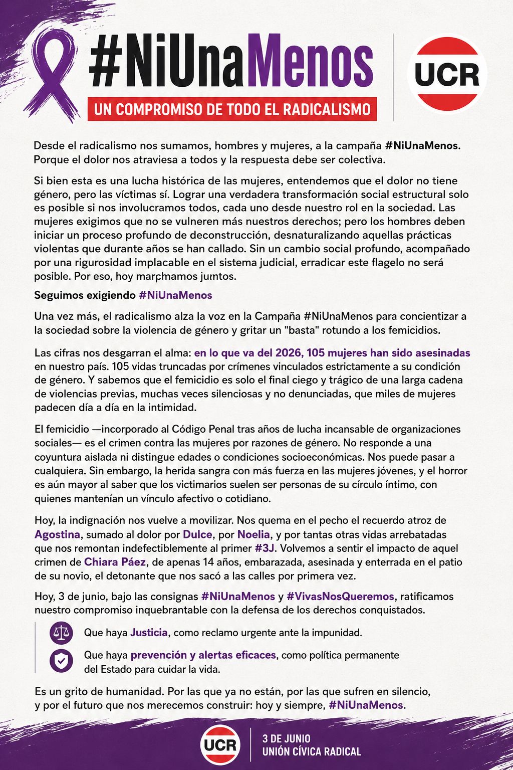 Ni una menos, Un compromiso de todo el radicalismo