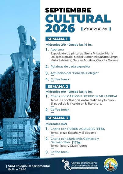 El próximo miércoles el Colegio de Martilleros inicia su ciclo «Septiembre Cultural»